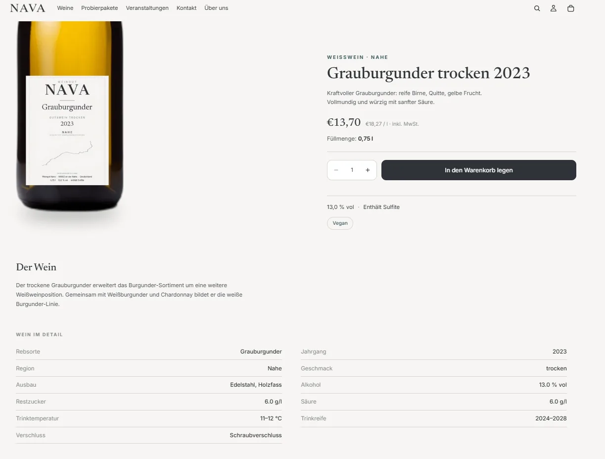 Nava Demoshop – Produktdetailseite eines Beispielweins