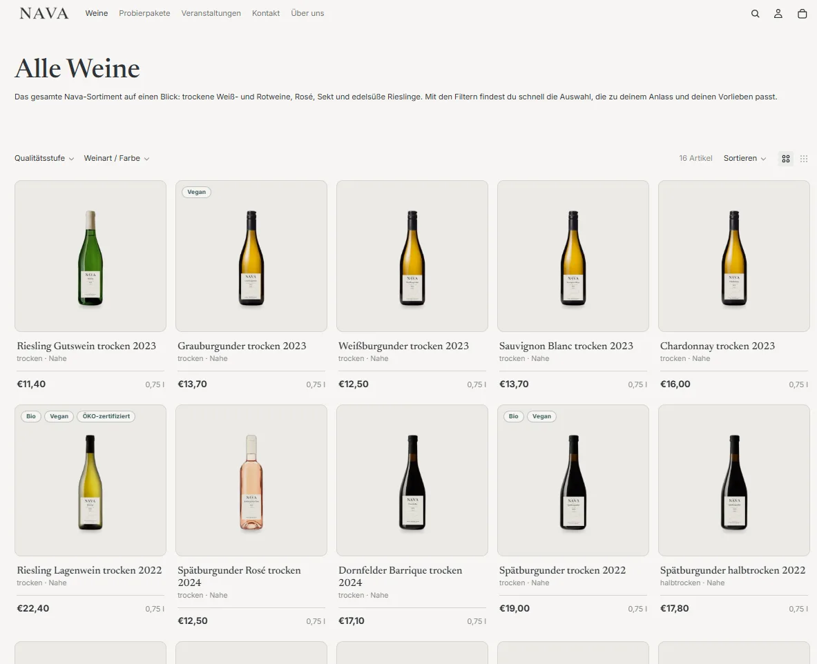 Nava Demoshop – übersichtliche Wein- und Produktdarstellung